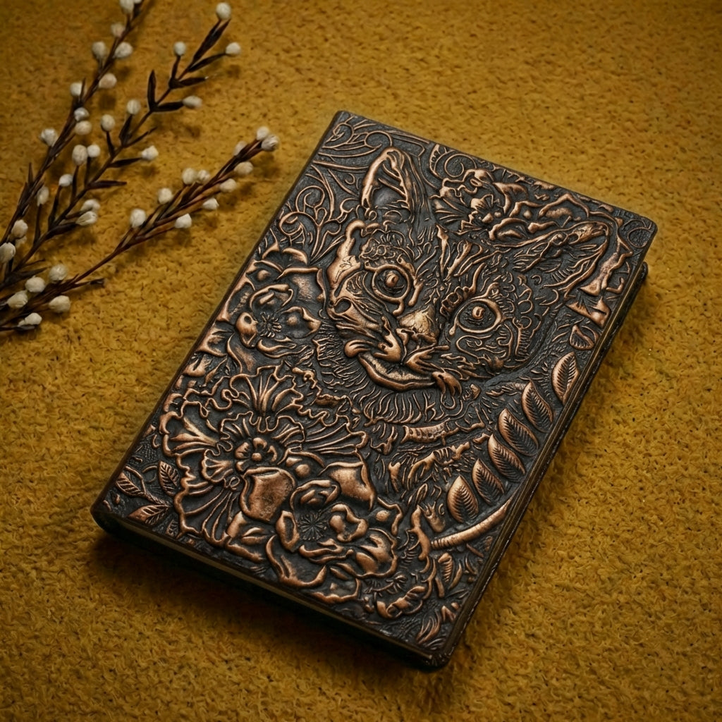 3D EMBOSSED LEATHER COVERED TRAVELLERS JOURNAL - CAT RED - A5 SIZE
