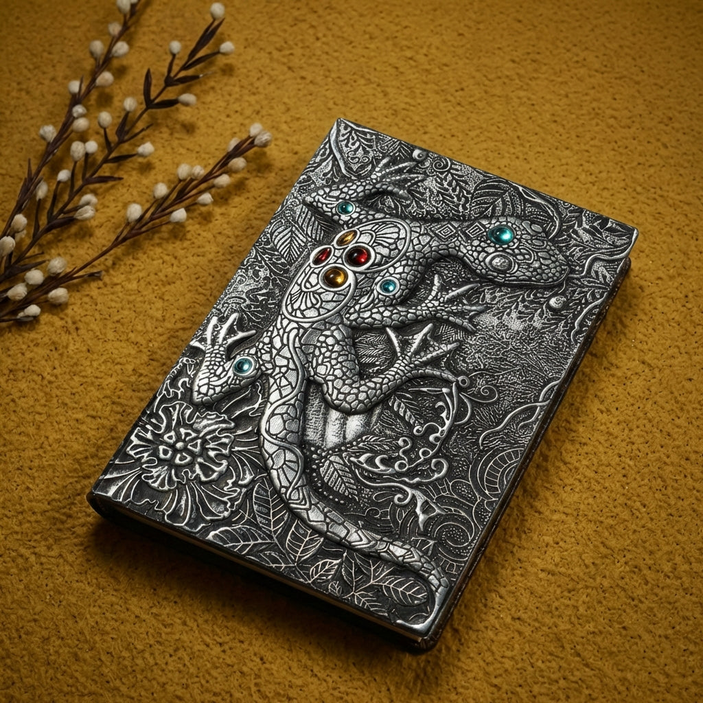 3D EMBOSSED LEATHER COVERED TRAVELLERS JOURNAL - DRAGON SILVER - A5 SIZE