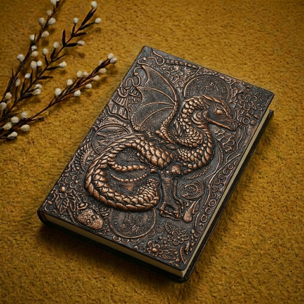 3D EMBOSSED LEATHER COVERED TRAVELLERS JOURNAL - FLYING DRAGON RED - A5 SIZE