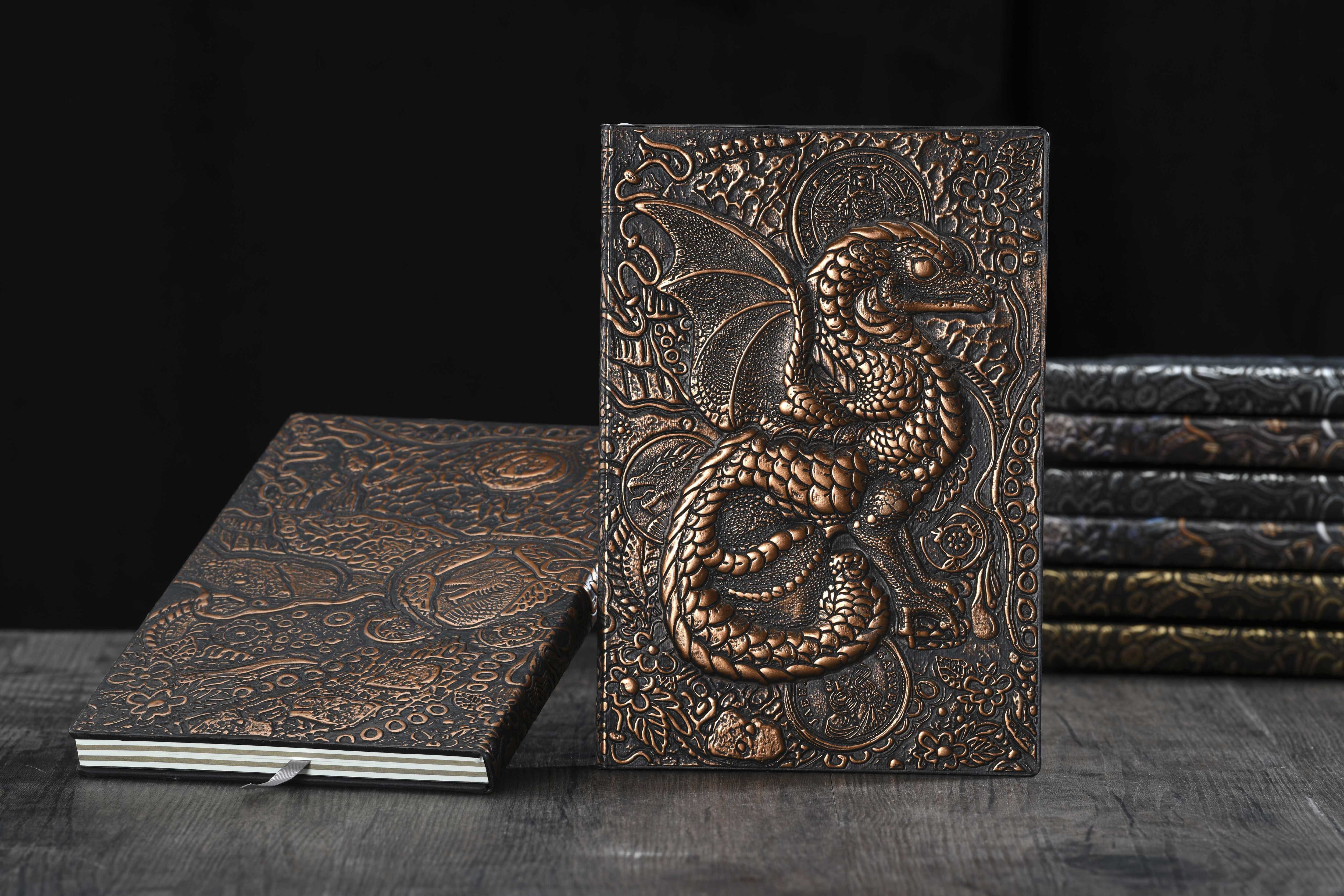 3D EMBOSSED LEATHER COVERED TRAVELLERS JOURNAL - FLYING DRAGON RED - A5 SIZE alt