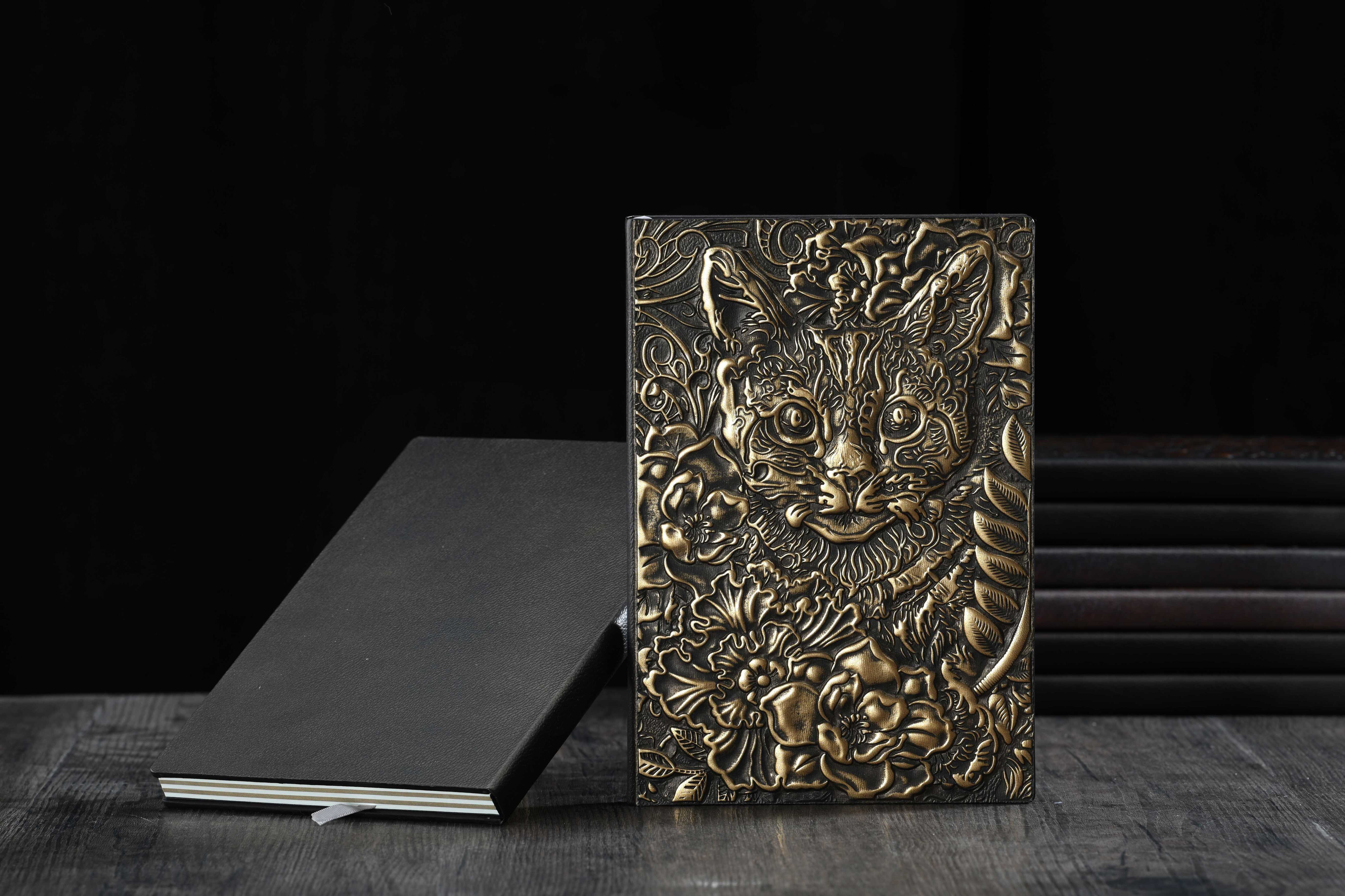 3D EMBOSSED LEATHER COVERED TRAVELLERS JOURNAL - CAT BRONZE - A5 SIZE alt