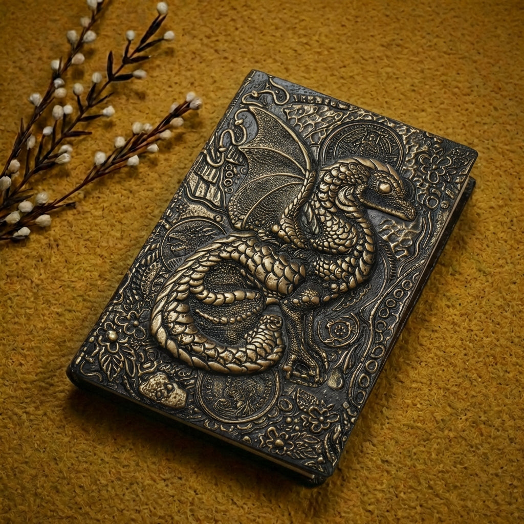3D EMBOSSED LEATHER COVERED TRAVELLERS JOURNAL - FLYING DRAGON BRONZE - A5 SIZE
