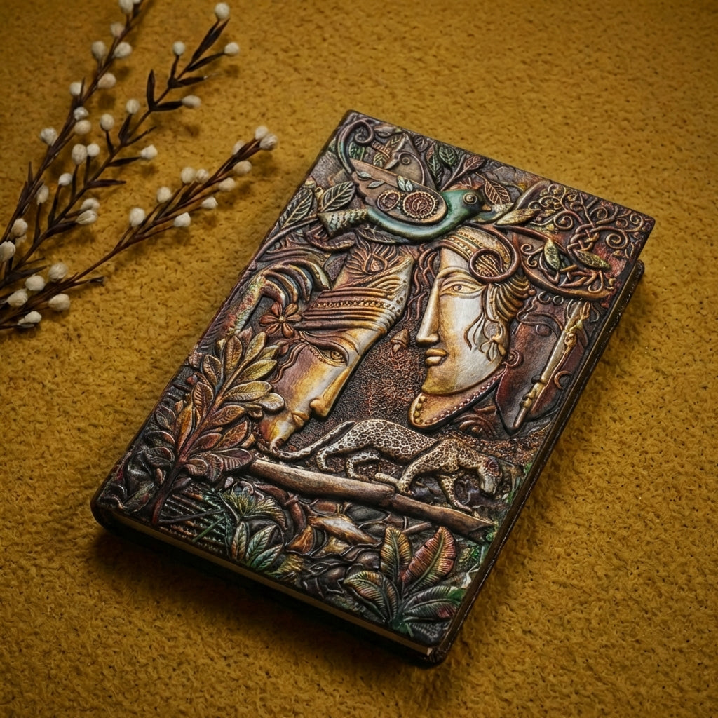 3D EMBOSSED LEATHER COVERED TRAVELLERS JOURNAL - RADHA AND KRISHNA - MULTI-COLOR - A5 SIZE