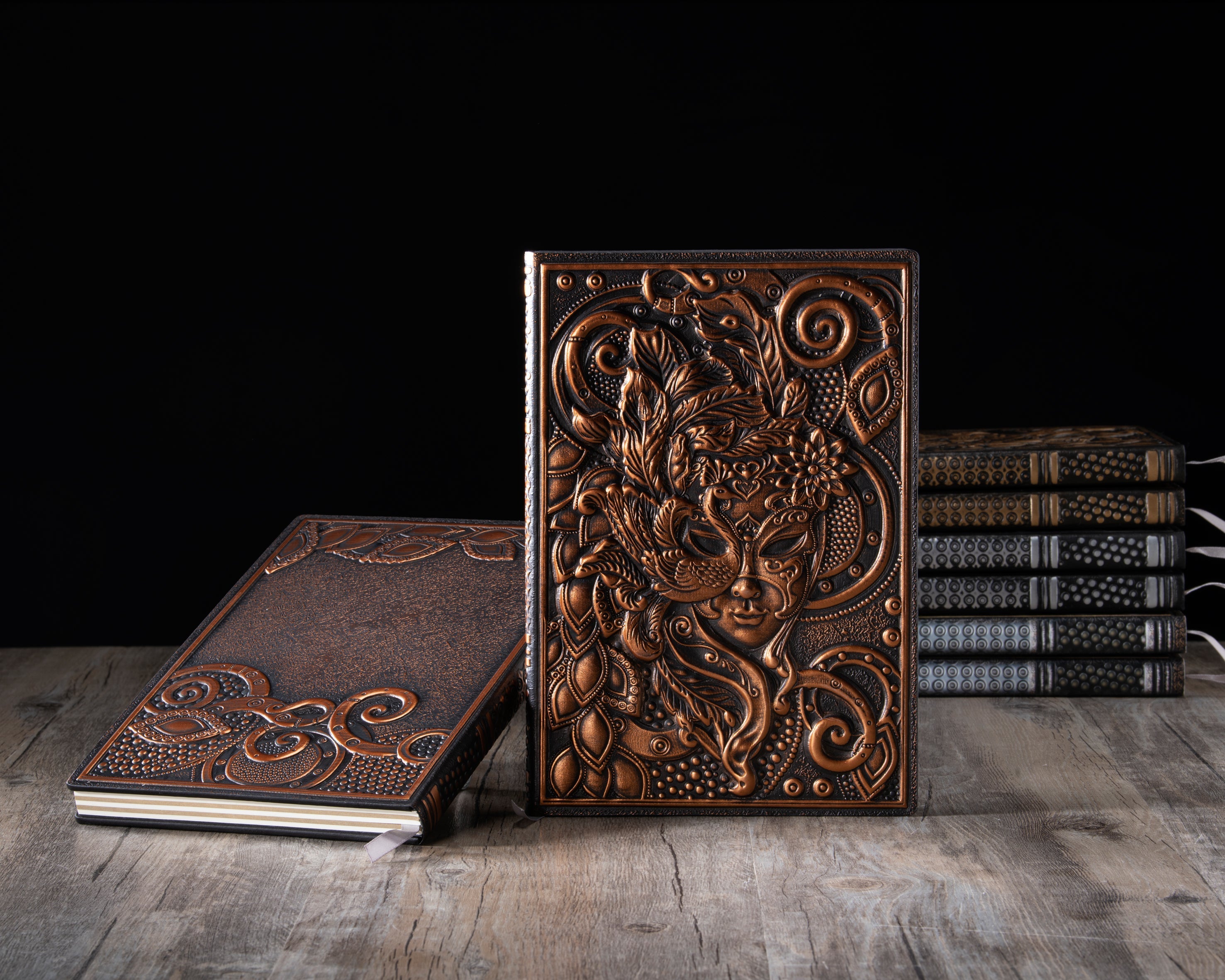 3D EMBOSSED LEATHER COVERED TRAVELLERS JOURNAL - MASQUERADE MASK RED - A5 SIZE alt