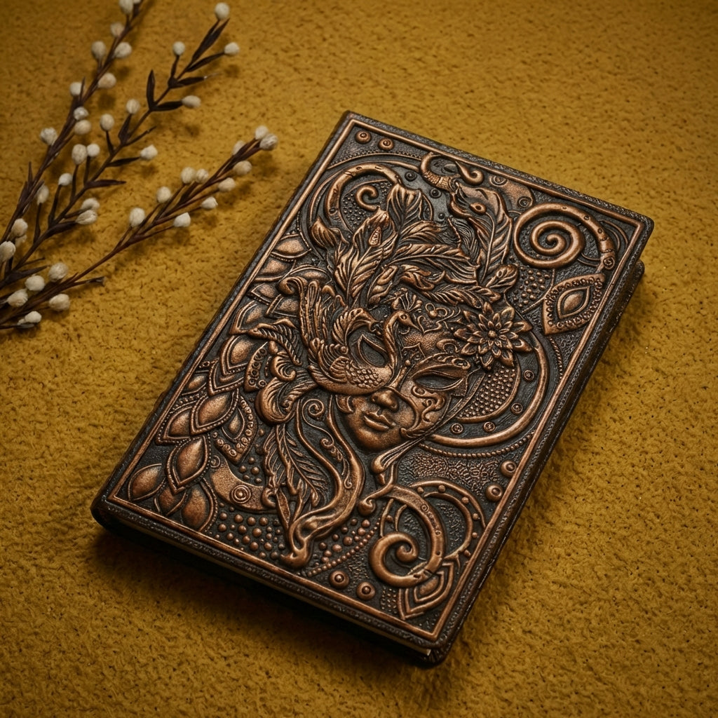 3D EMBOSSED LEATHER COVERED TRAVELLERS JOURNAL - MASQUERADE MASK RED - A5 SIZE