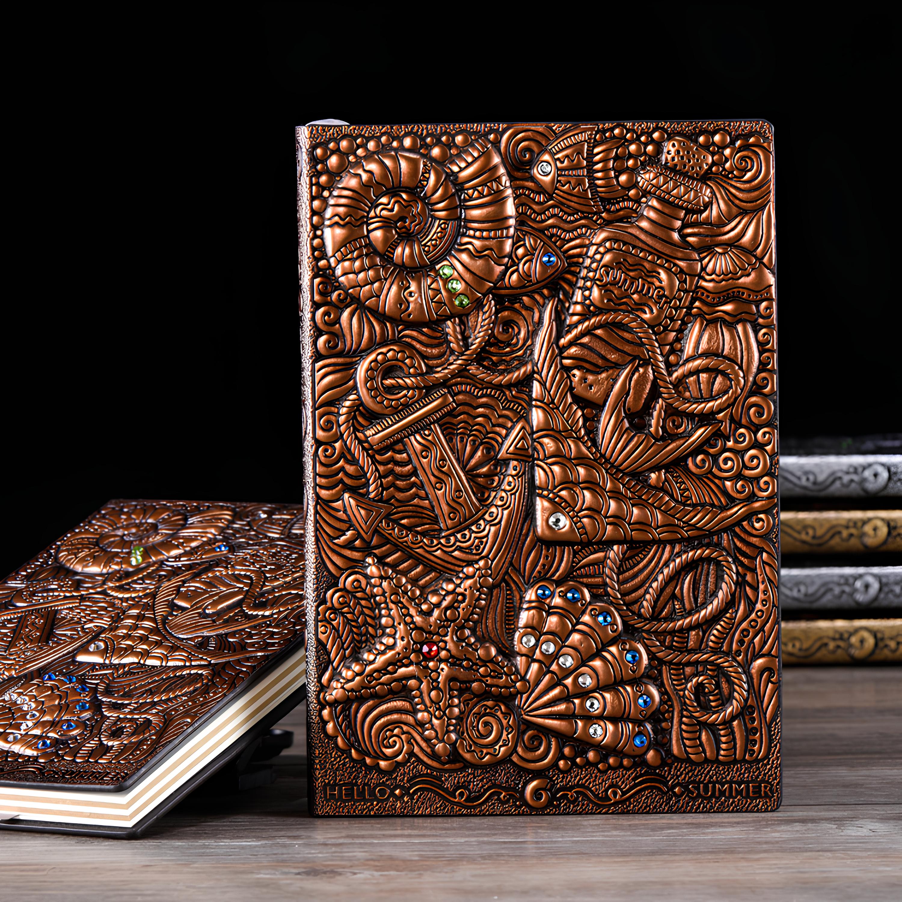 3D EMBOSSED LEATHER COVERED TRAVELLERS JOURNAL - UNDERWATER RED - A5 SIZE alt