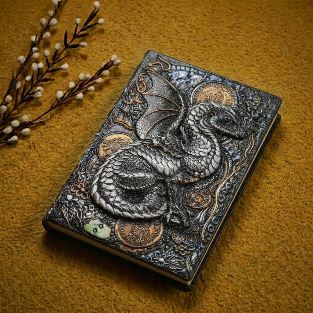 3D EMBOSSED LEATHER COVERED TRAVELLERS JOURNAL - FLYING DRAGON MULTI COLOR - A5 SIZE