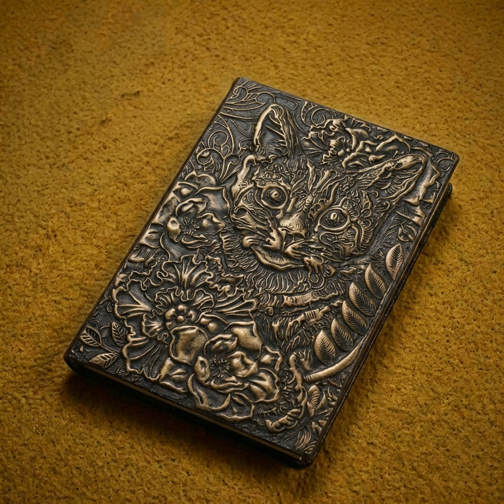 3D EMBOSSED LEATHER COVERED TRAVELLERS JOURNAL - CAT BRONZE - A5 SIZE