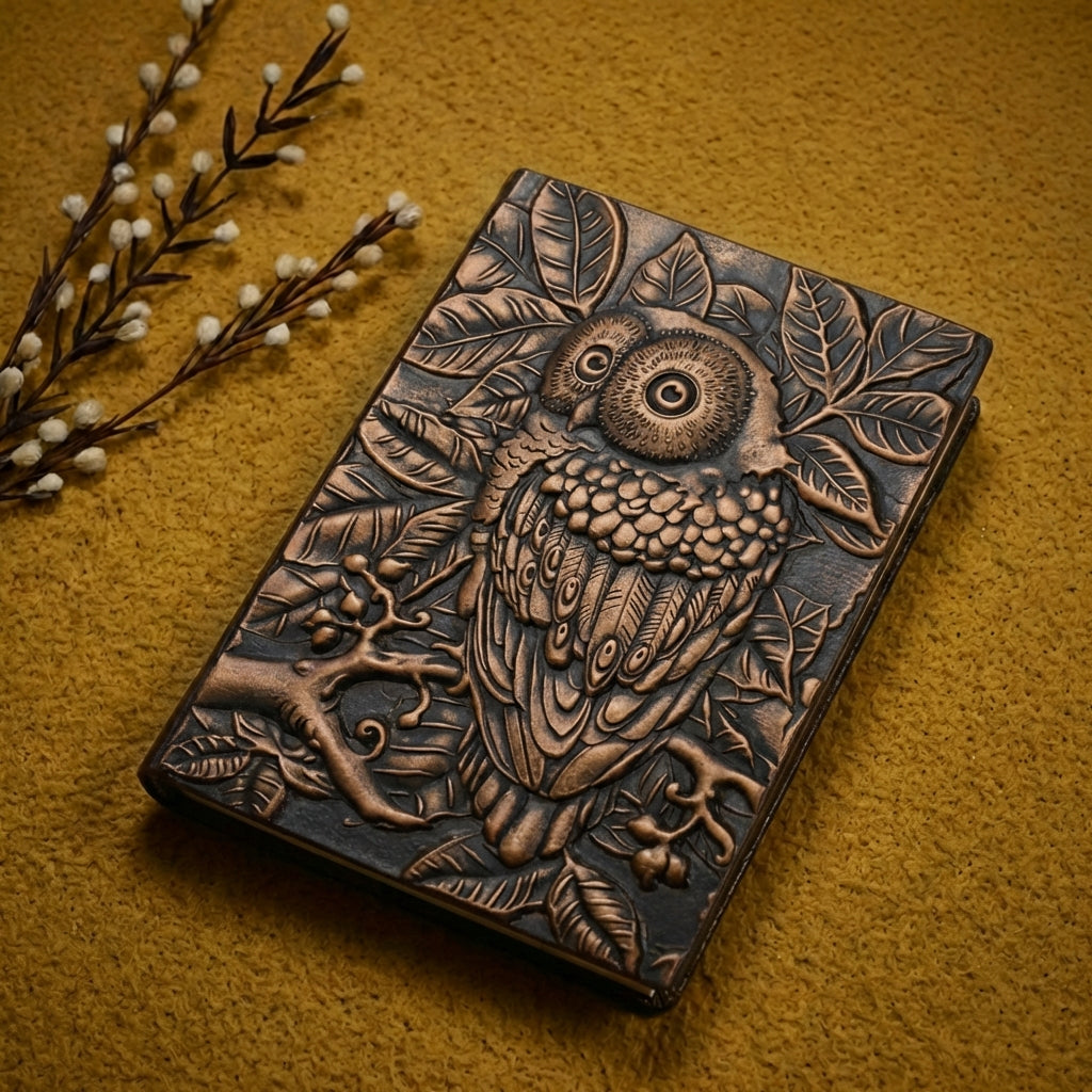 3D EMBOSSED LEATHER COVERED TRAVELLERS JOURNAL - OWL - A5 SIZE
