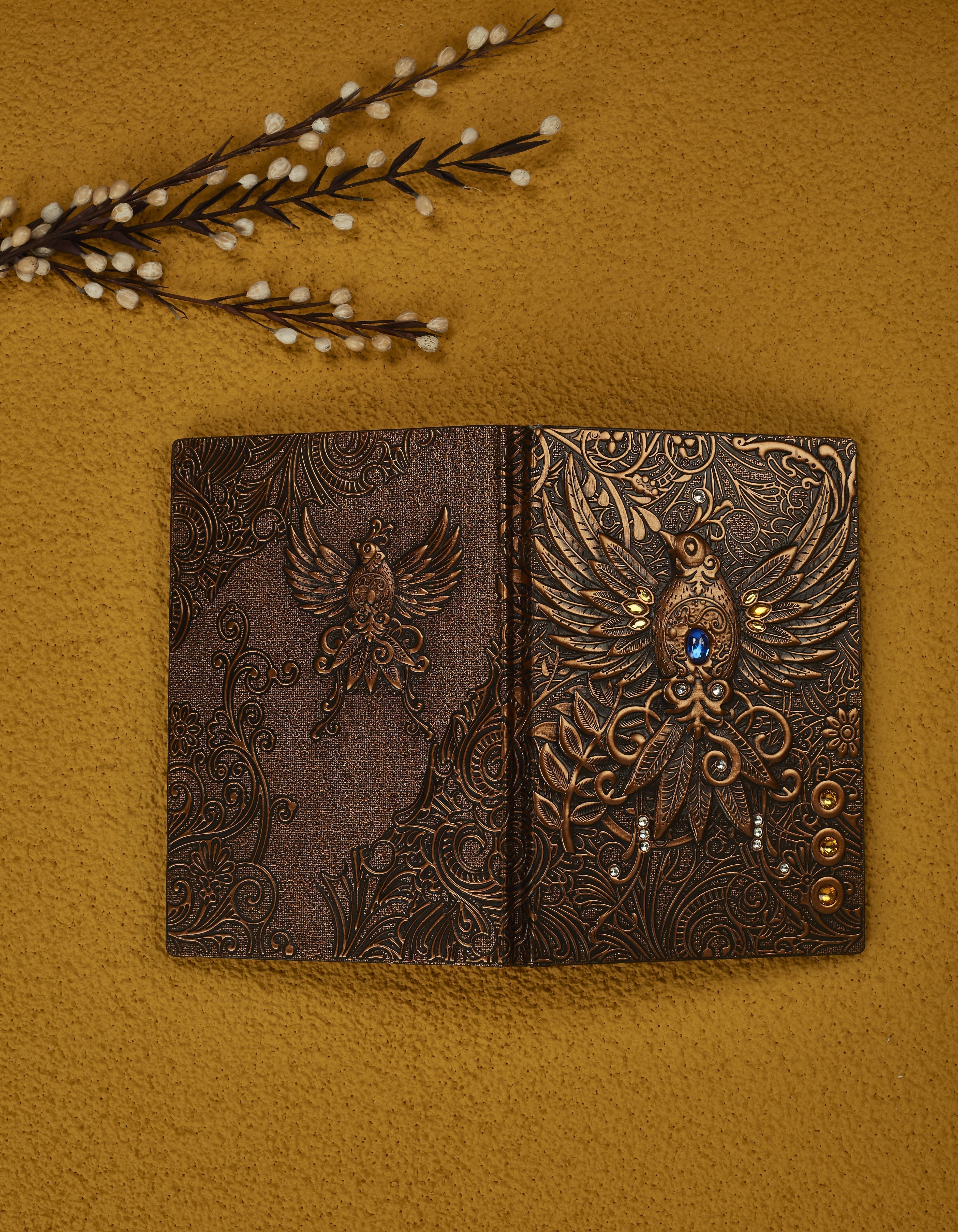 3D EMBOSSED LEATHER COVERED TRAVELLERS JOURNAL - PHOENIX - A5 SIZE alt