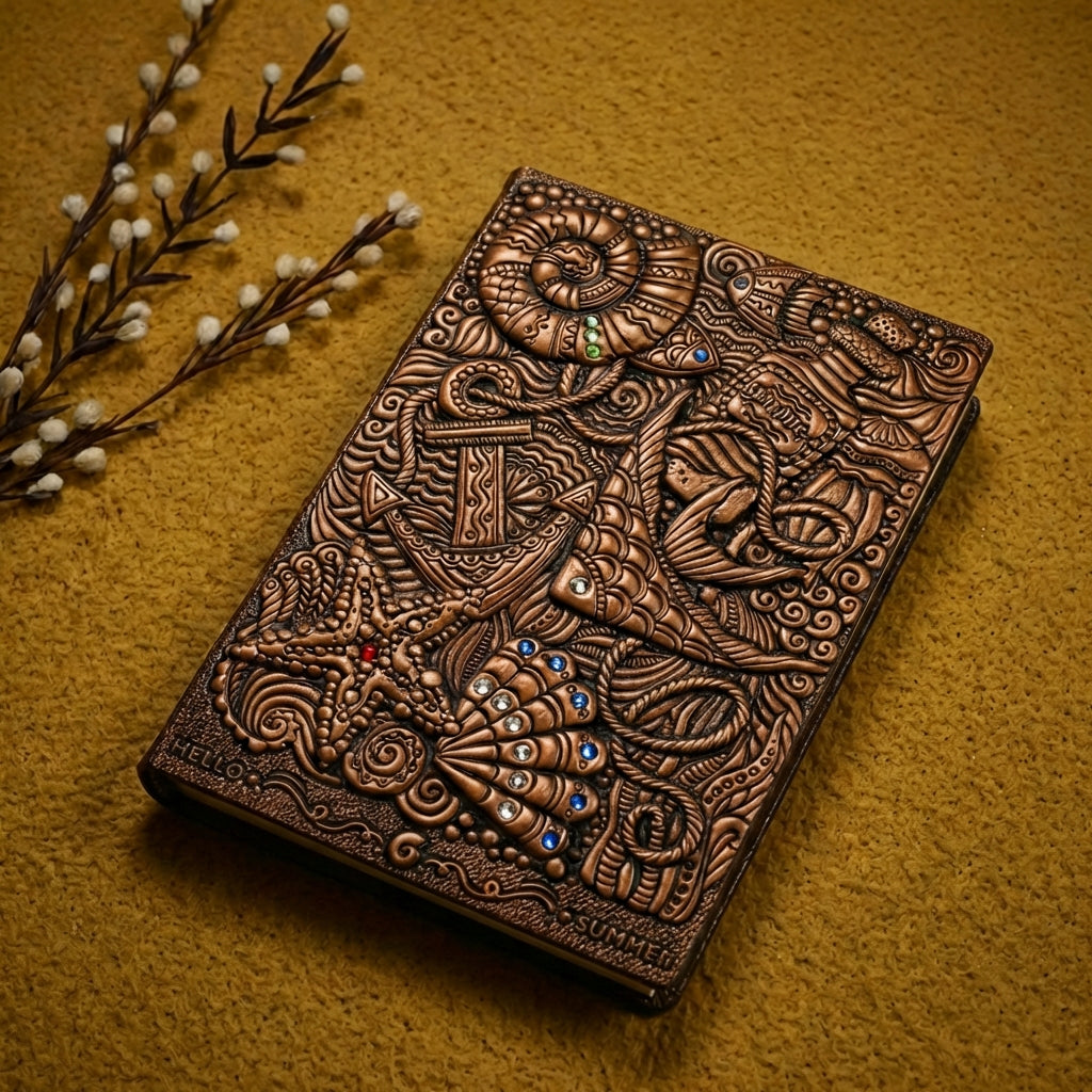 3D EMBOSSED LEATHER COVERED TRAVELLERS JOURNAL - UNDERWATER RED - A5 SIZE