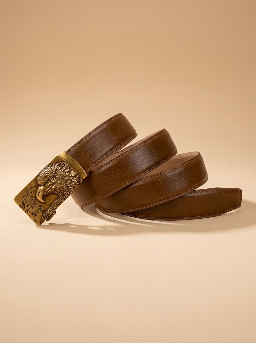 VEGETABLE TANNED 100% LEATHER BELT WITH BRONZE BUCKLE - EAGLE HEAD