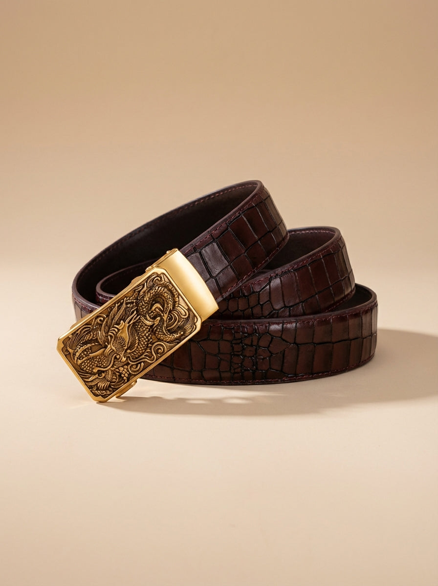 TORTOISE CRACK VEGETABLE TANNED 100% LEATHER BELT WITH BRONZE BUCKLE - FIRE DRAGON