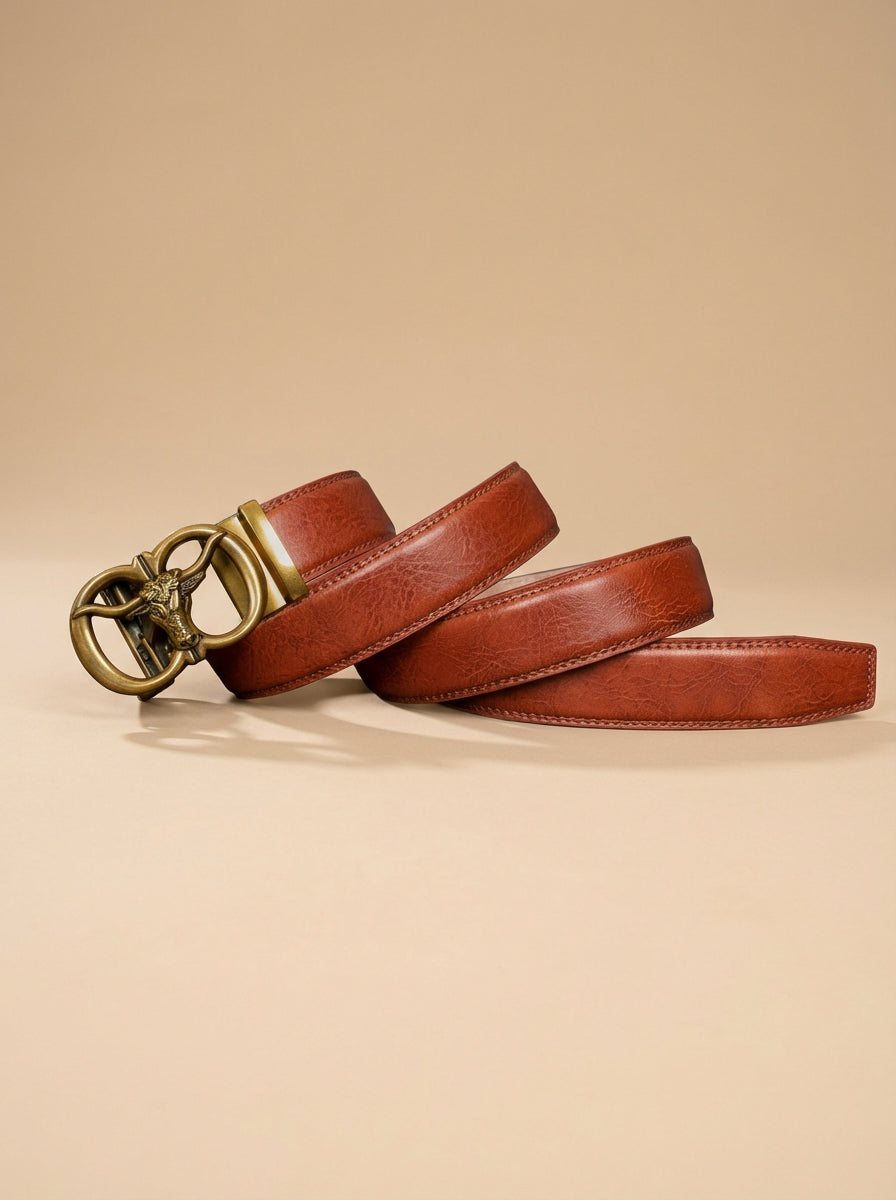 VEGETABLE TANNED 100% LEATHER BELT WITH BRONZE BUCKLE - BULL