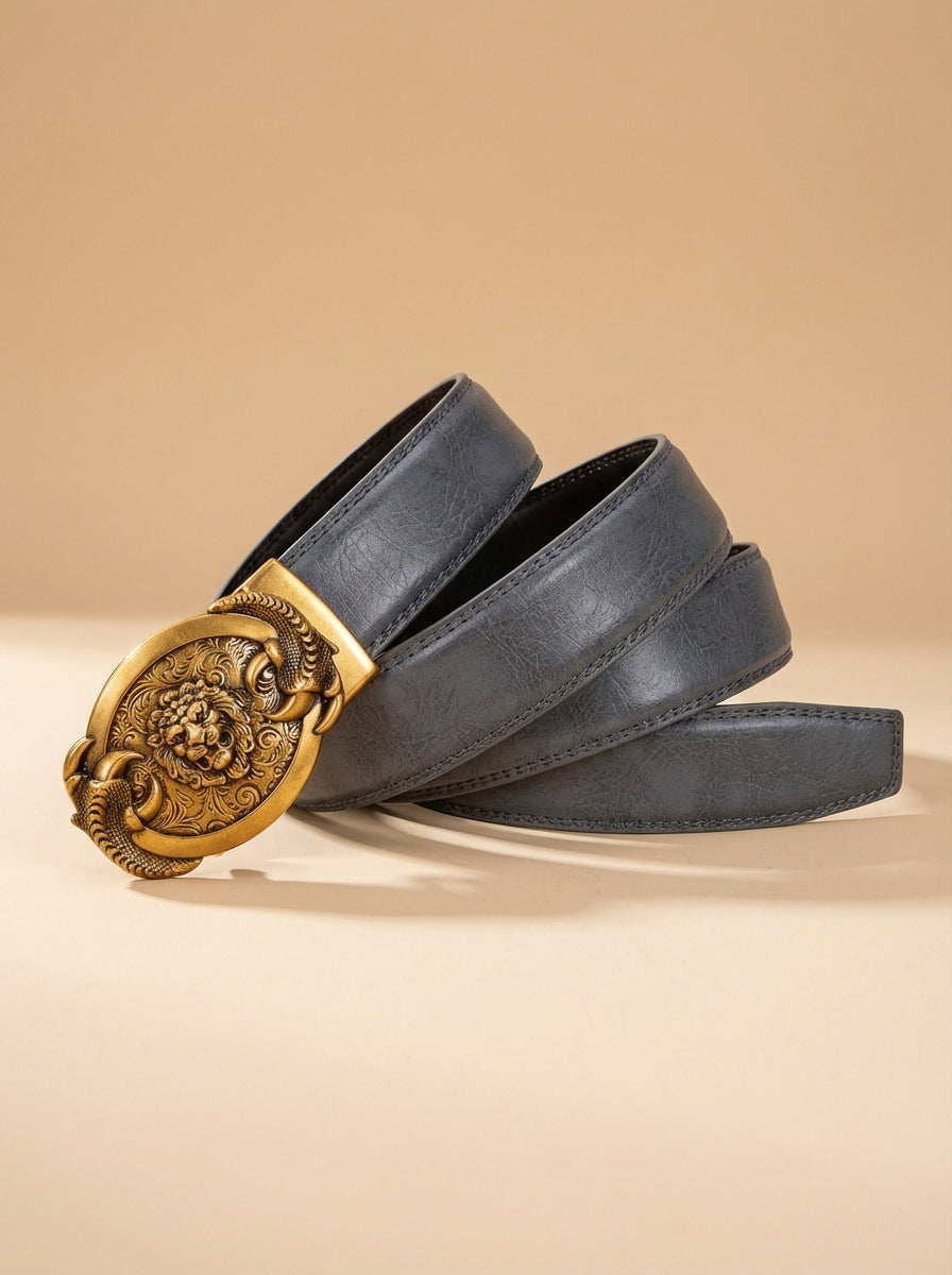 VEGETABLE TANNED 100% LEATHER BELT WITH BRONZE BUCKLE - LION