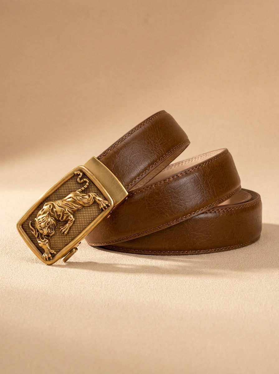 VEGETABLE TANNED 100% LEATHER BELT WITH BRONZE BUCKLE - TIGER
