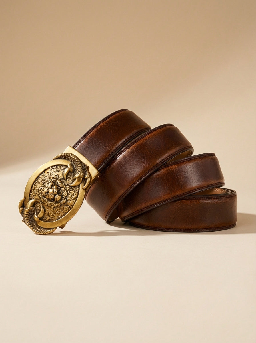 VEGETABLE TANNED 100% LEATHER BELT WITH BRONZE BUCKLE - LION