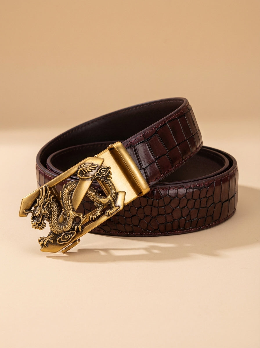 TORTOISE CRACK VEGETABLE TANNED 100% LEATHER BELT WITH BRONZE BUCKLE -DRAGON