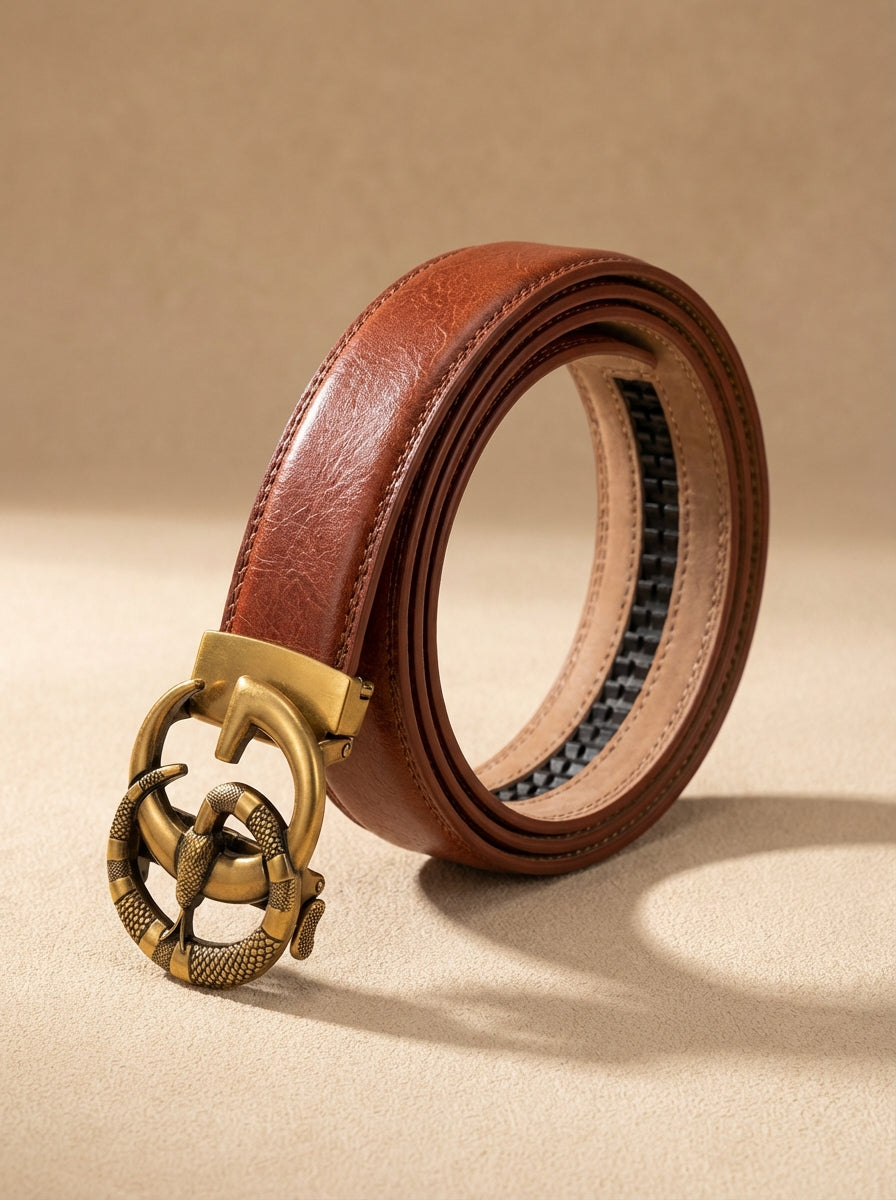 VEGETABLE TANNED 100% LEATHER BELT WITH BRONZE BUCKLE - SNAKE