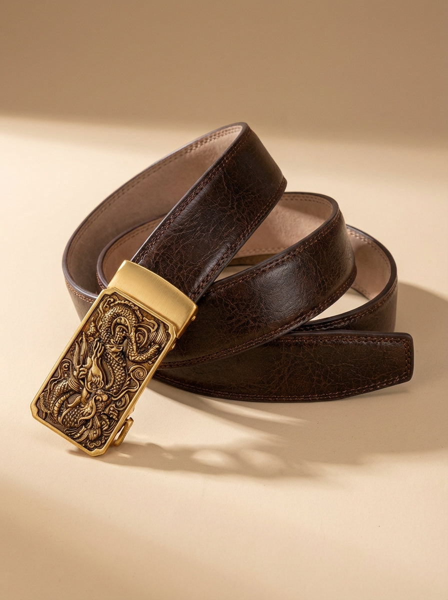 VEGETABLE TANNED 100% LEATHER BELT WITH BRONZE BUCKLE - FIRE DRAGON