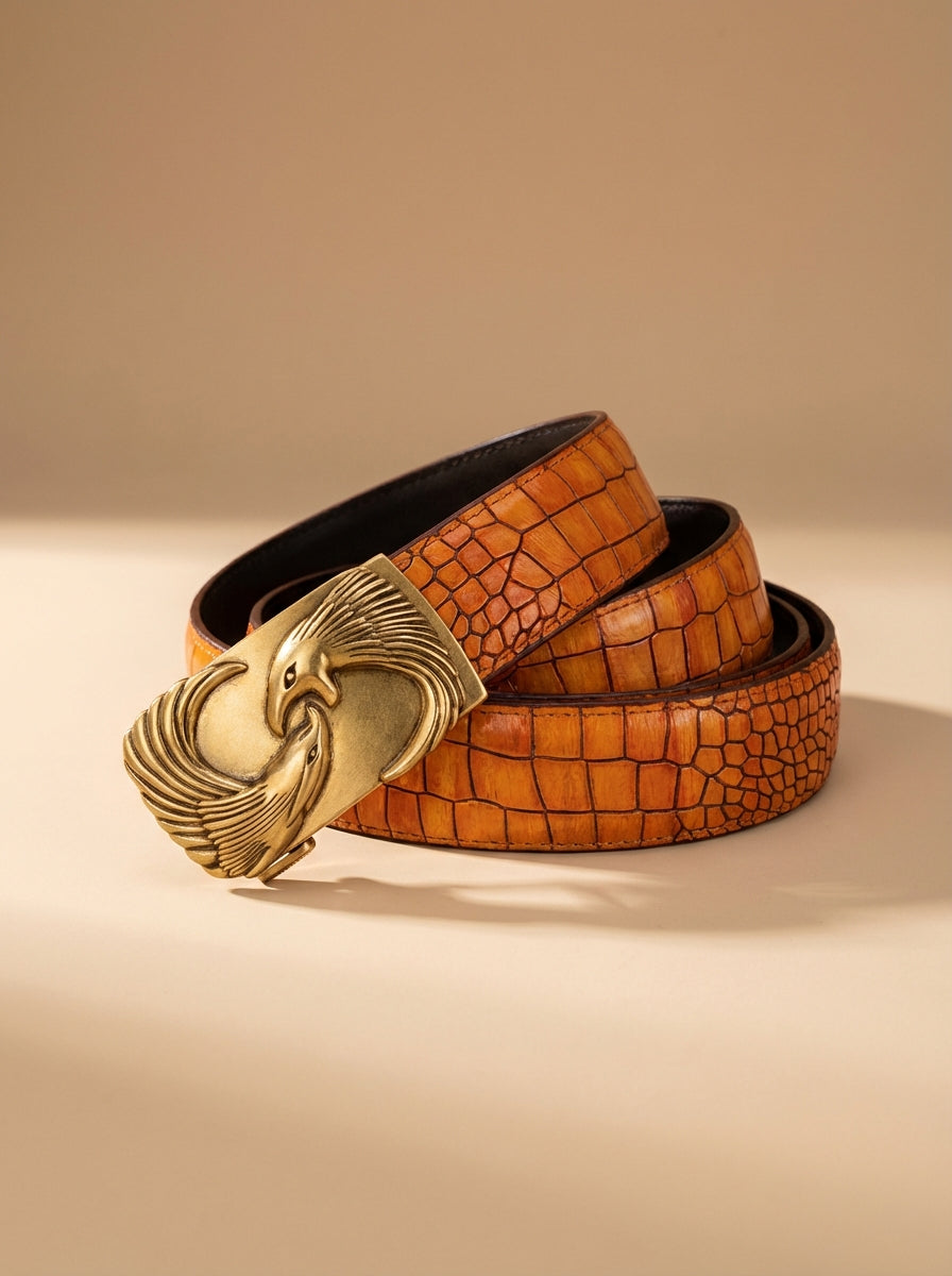TORTOISE CRACK VEGETABLE TANNED 100% LEATHER BELT WITH BRONZE BUCKLE - EAGLE