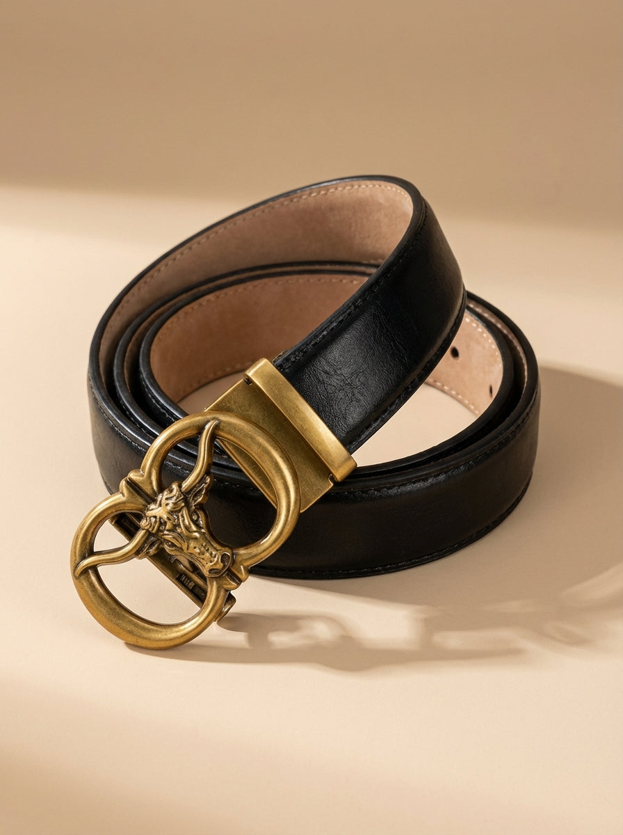VEGETABLE TANNED 100% LEATHER BELT WITH BRONZE BUCKLE - BULL
