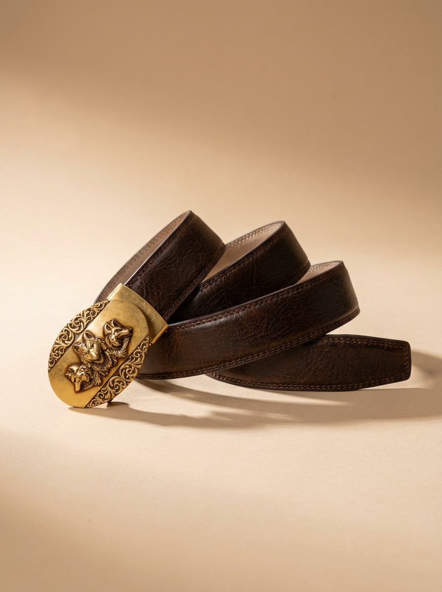 VEGETABLE TANNED 100% LEATHER BELT WITH BRONZE BUCKLE - WOLF