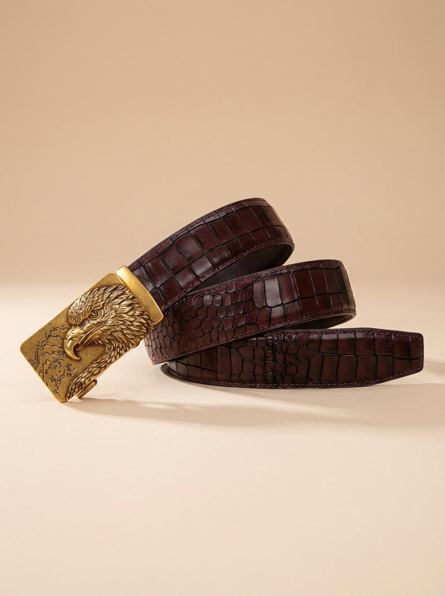 TORTOISE CRACK VEGETABLE TANNED 100% LEATHER BELT WITH BRONZE BUCKLE - EAGLE HEAD