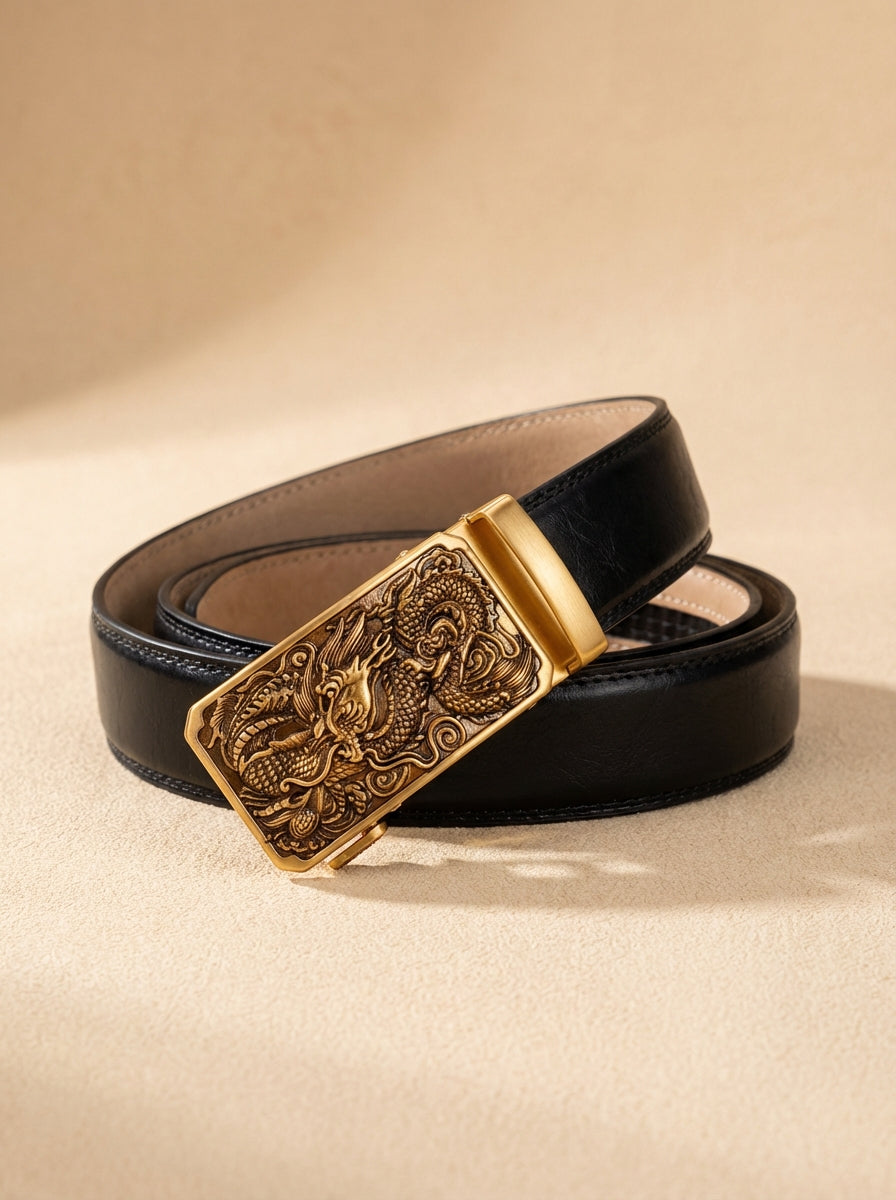 VEGETABLE TANNED 100% LEATHER BELT WITH BRONZE BUCKLE - FIRE DRAGON