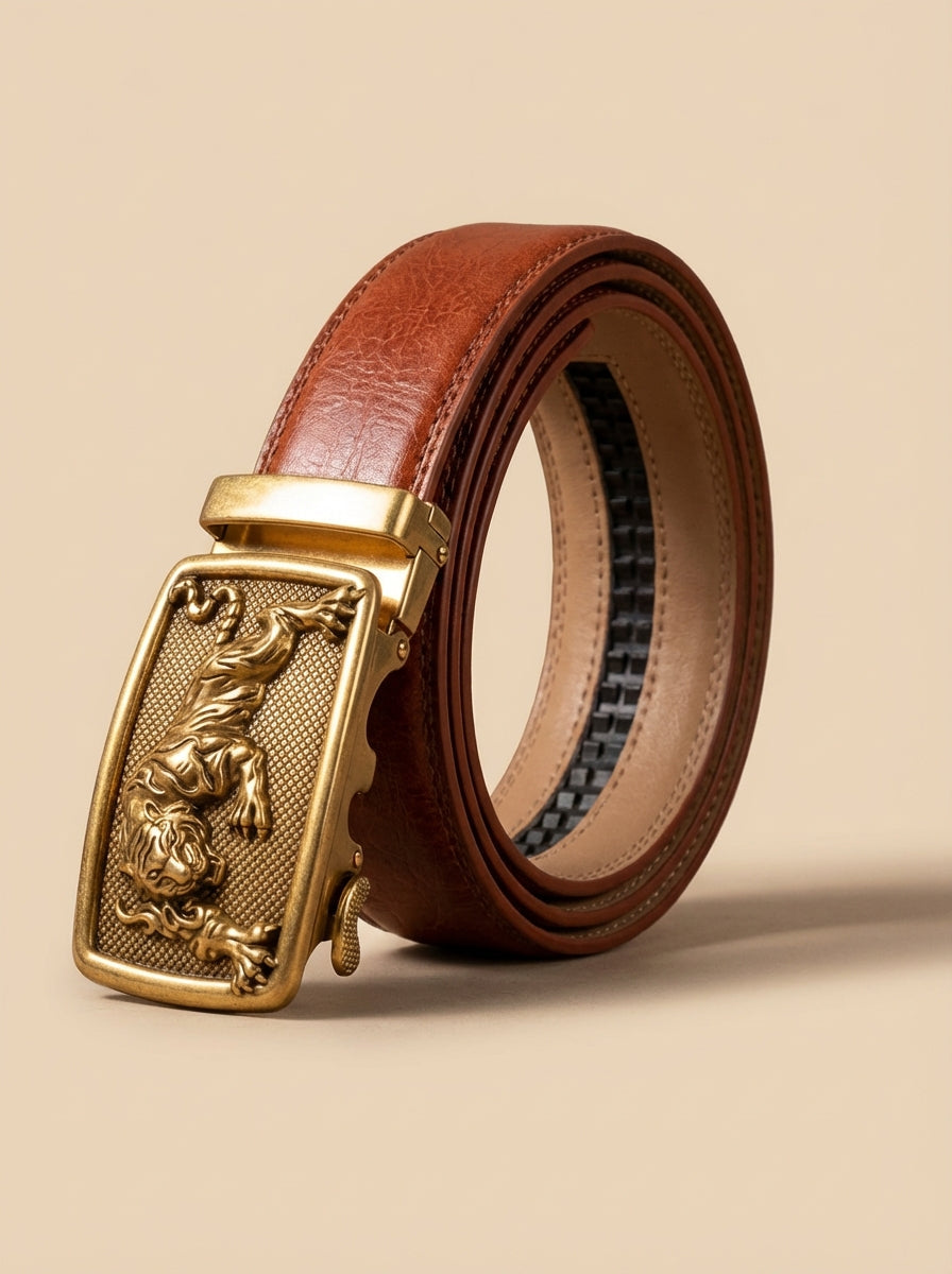 VEGETABLE TANNED 100% LEATHER BELT WITH BRONZE BUCKLE - TIGER