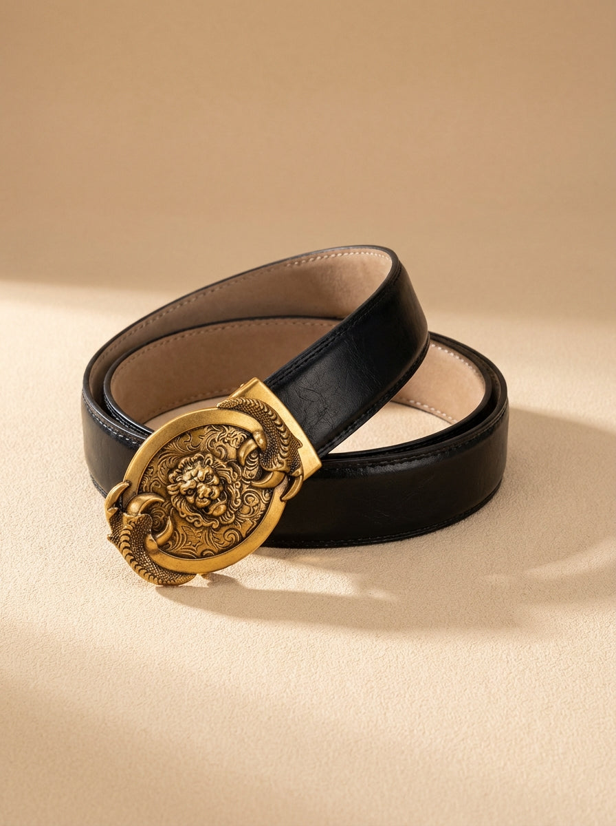 VEGETABLE TANNED 100% LEATHER BELT WITH BRONZE BUCKLE - LION
