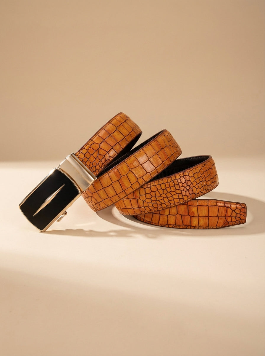 TORTOISE CRACK VEGETABLE TANNED 100% LEATHER BELT WITH GEOMETRIC BUCKLE -626