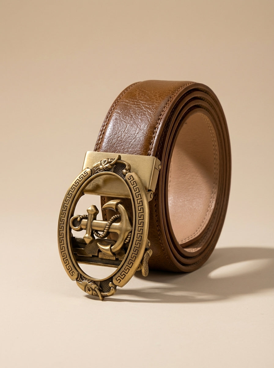 VEGETABLE TANNED 100% LEATHER BELT WITH BRONZE BUCKLE - ANCHOR