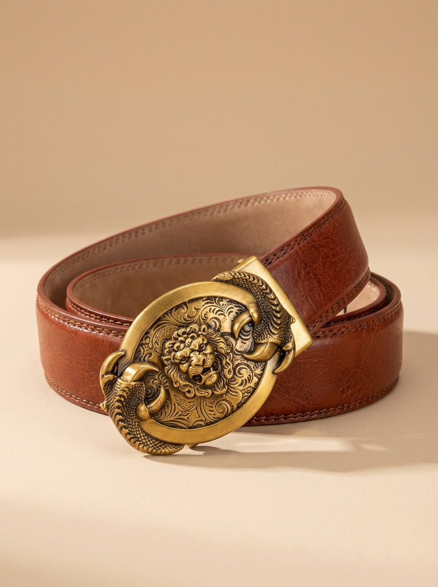 VEGETABLE TANNED 100% LEATHER BELT WITH BRONZE BUCKLE - LION