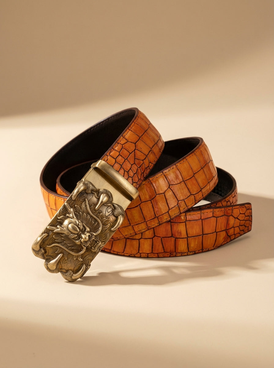 TORTOISE CRACK VEGETABLE TANNED 100% LEATHER BELT WITH BRONZE BUCKLE - CLAW