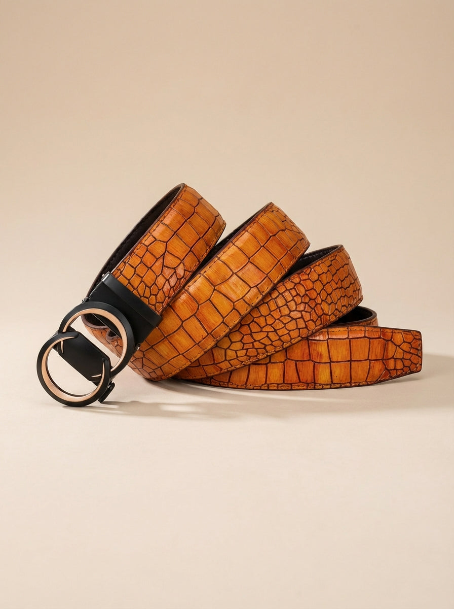 TORTOISE CRACK VEGETABLE TANNED 100% LEATHER BELT WITH CHROME PLATED BUCKLE - LY36-222882_GOL