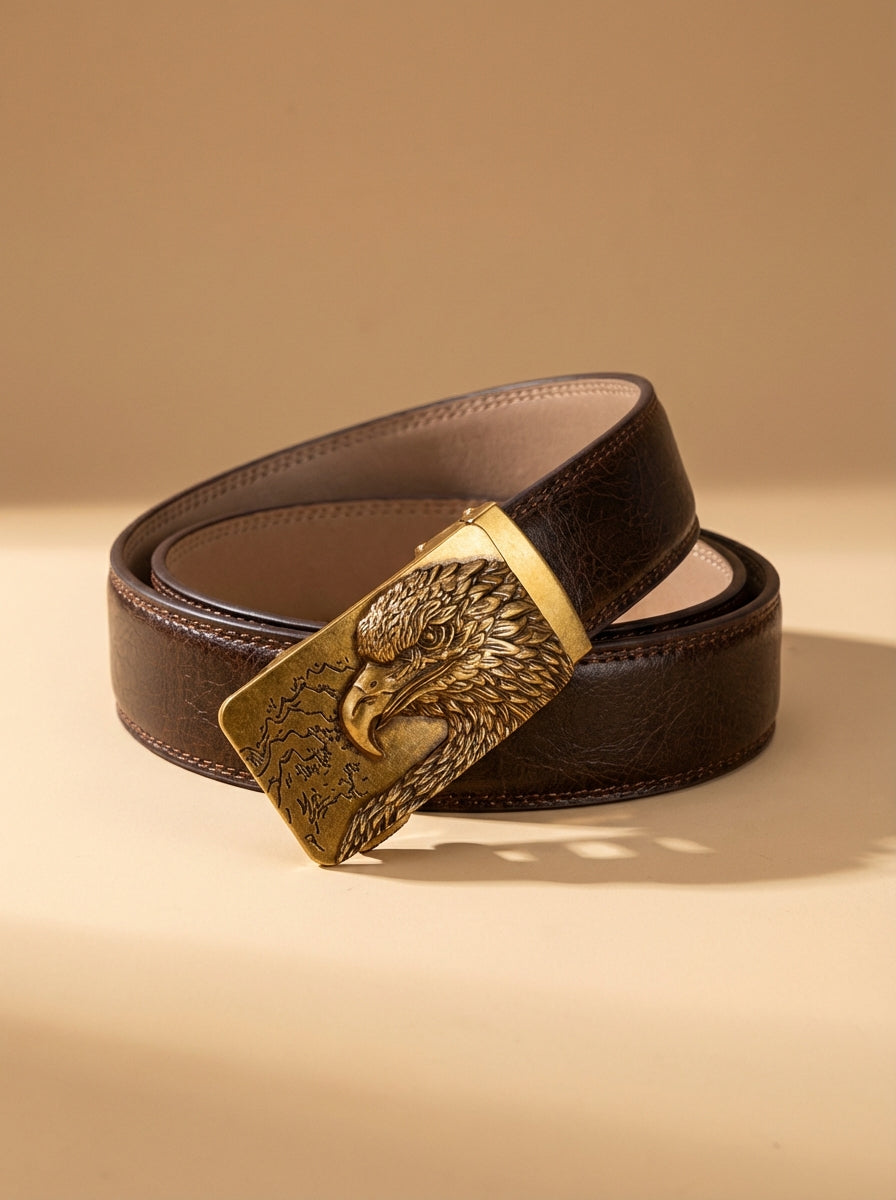 VEGETABLE TANNED 100% LEATHER BELT WITH BRONZE BUCKLE - EAGLE HEAD