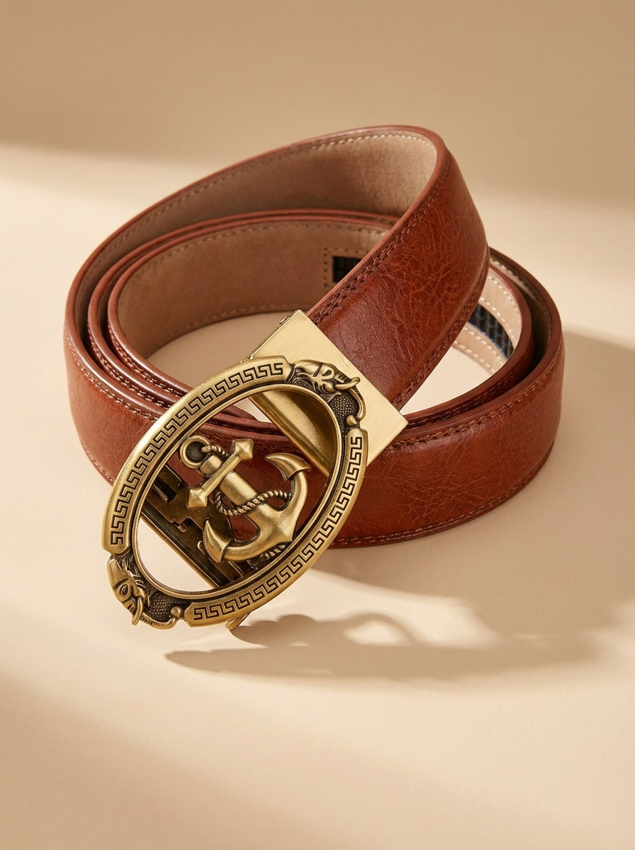 VEGETABLE TANNED 100% LEATHER BELT WITH BRONZE BUCKLE - ANCHOR