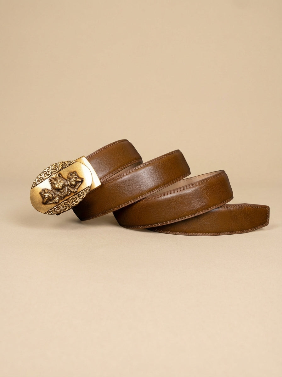 VEGETABLE TANNED 100% LEATHER BELT WITH BRONZE BUCKLE - WOLF