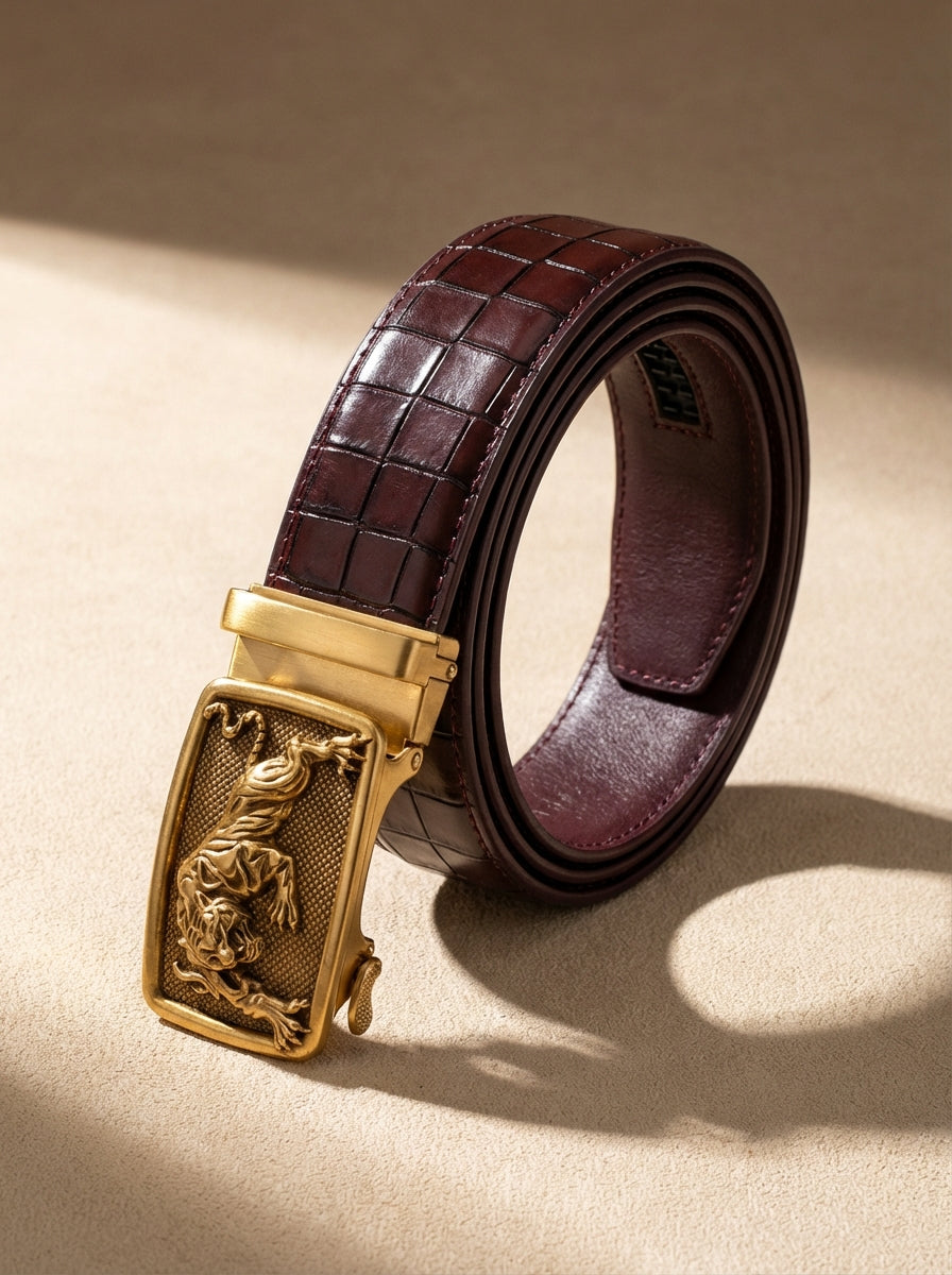 TORTOISE CRACK VEGETABLE TANNED 100% LEATHER BELT WITH BRONZE BUCKLE - TIGER