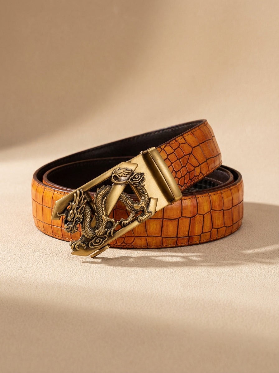 TORTOISE CRACK VEGETABLE TANNED 100% LEATHER BELT WITH BRONZE BUCKLE -DRAGON