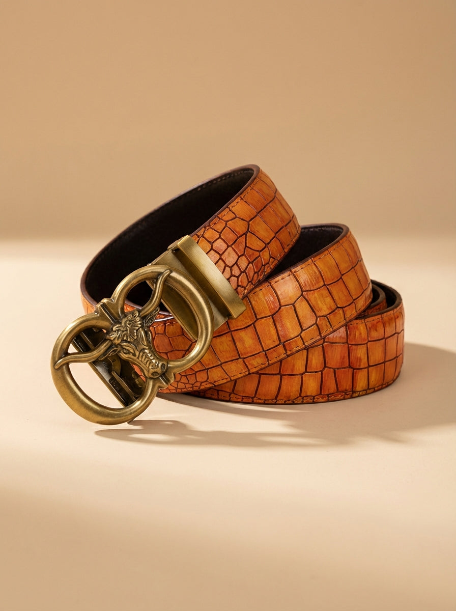 TORTOISE CRACK VEGETABLE TANNED 100% LEATHER BELT WITH BRONZE BUCKLE - BULL