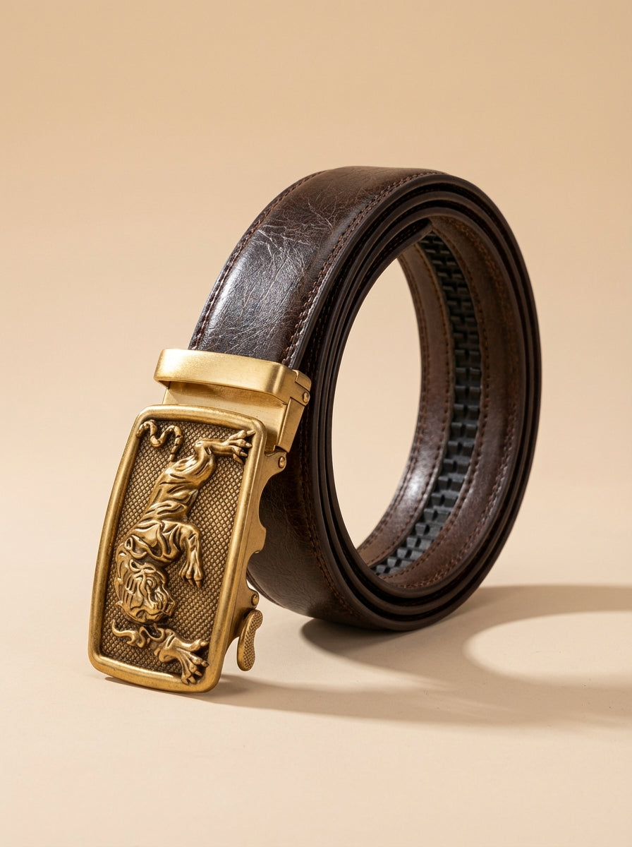VEGETABLE TANNED 100% LEATHER BELT WITH BRONZE BUCKLE - TIGER