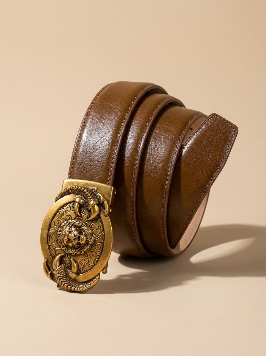 VEGETABLE TANNED 100% LEATHER BELT WITH BRONZE BUCKLE - LION