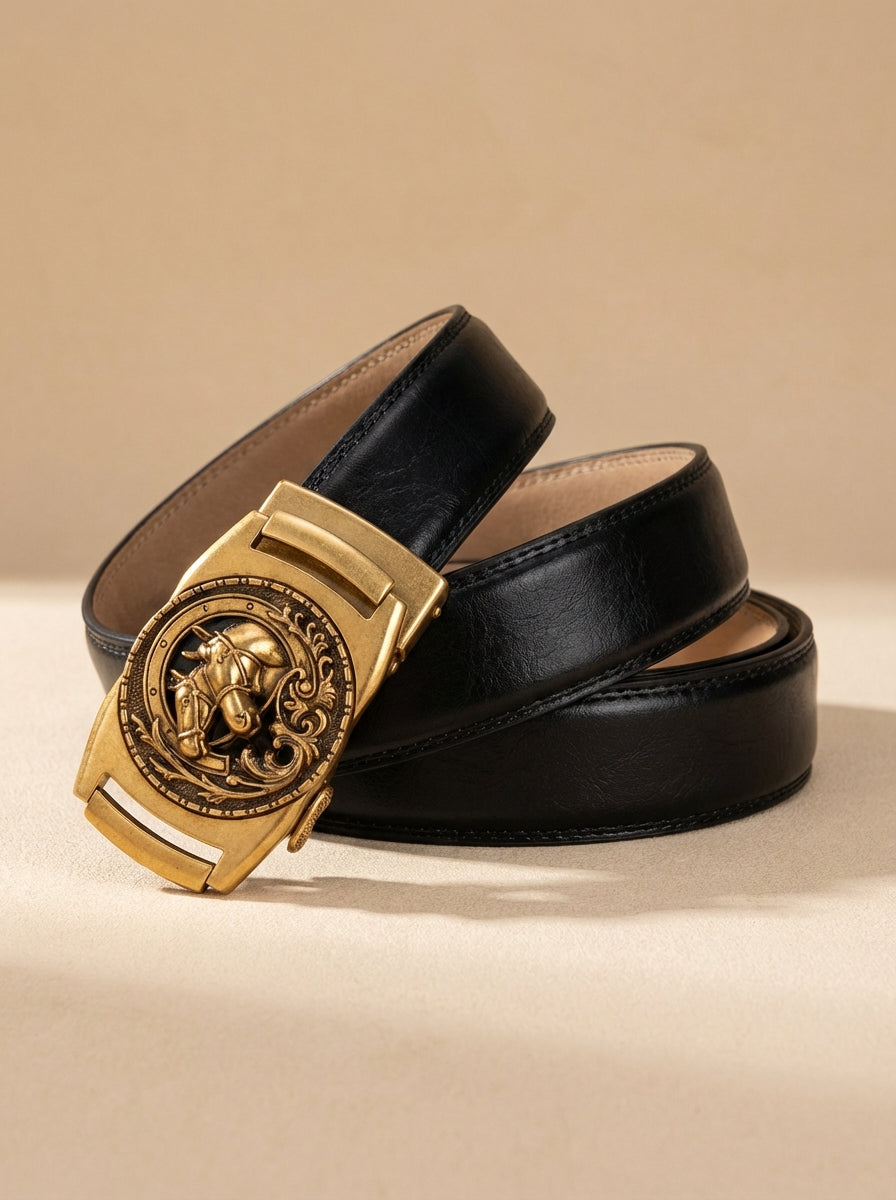 VEGETABLE TANNED 100% LEATHER BELT WITH BRONZE BUCKLE - HORSE