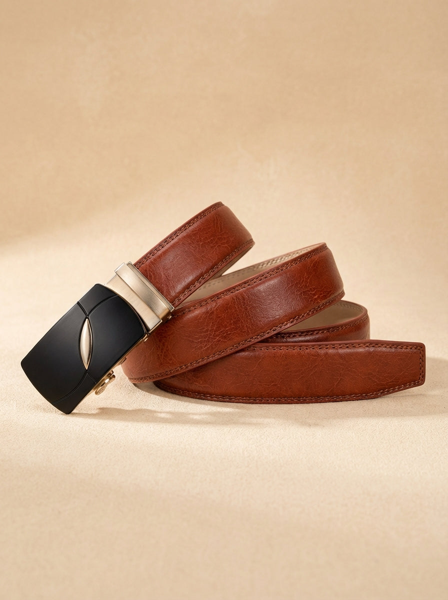 VEGETABLE TANNED 100% LEATHER BELT WITH GEOMETRIC BUCKLE - 611