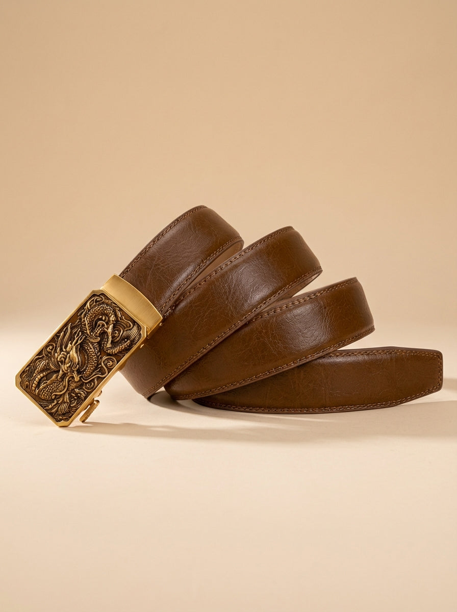 VEGETABLE TANNED 100% LEATHER BELT WITH BRONZE BUCKLE - FIRE DRAGON