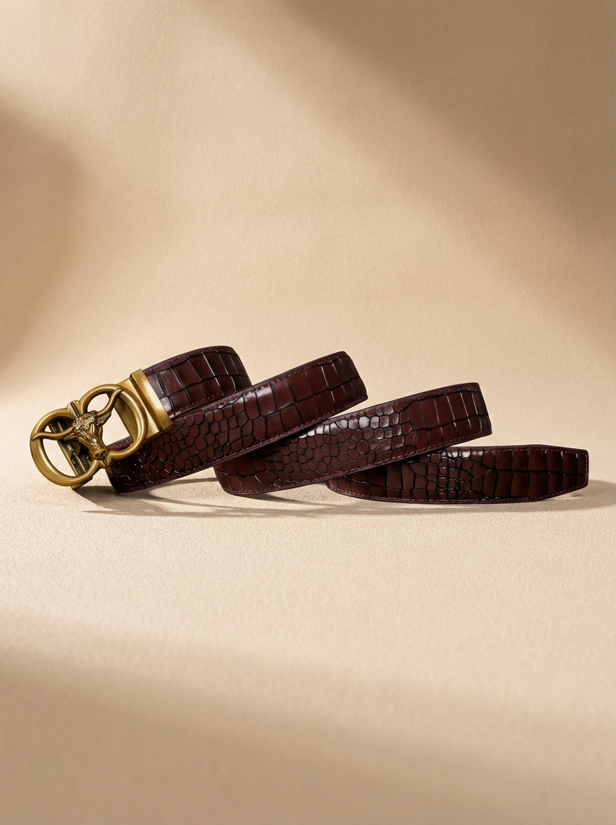 TORTOISE CRACK VEGETABLE TANNED 100% LEATHER BELT WITH BRONZE BUCKLE - BULL