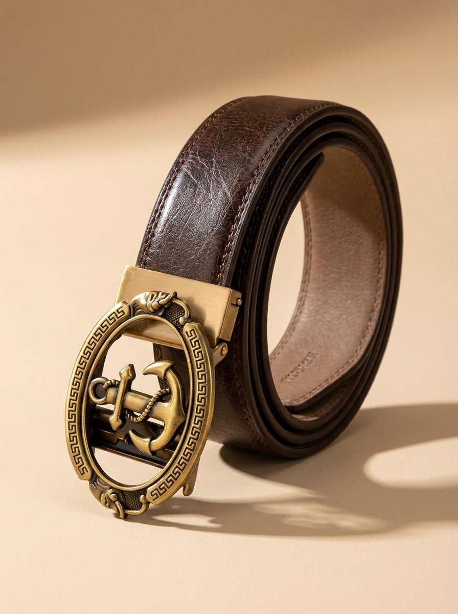 VEGETABLE TANNED 100% LEATHER BELT WITH BRONZE BUCKLE - ANCHOR