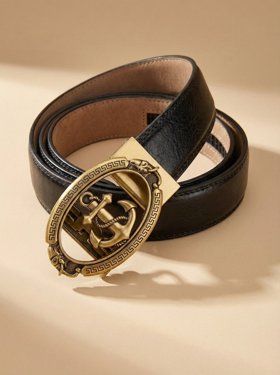 VEGETABLE TANNED 100% LEATHER BELT WITH BRONZE BUCKLE - ANCHOR